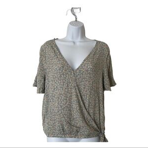 Pink Rose Floral Faux Wrap Blouse Size L